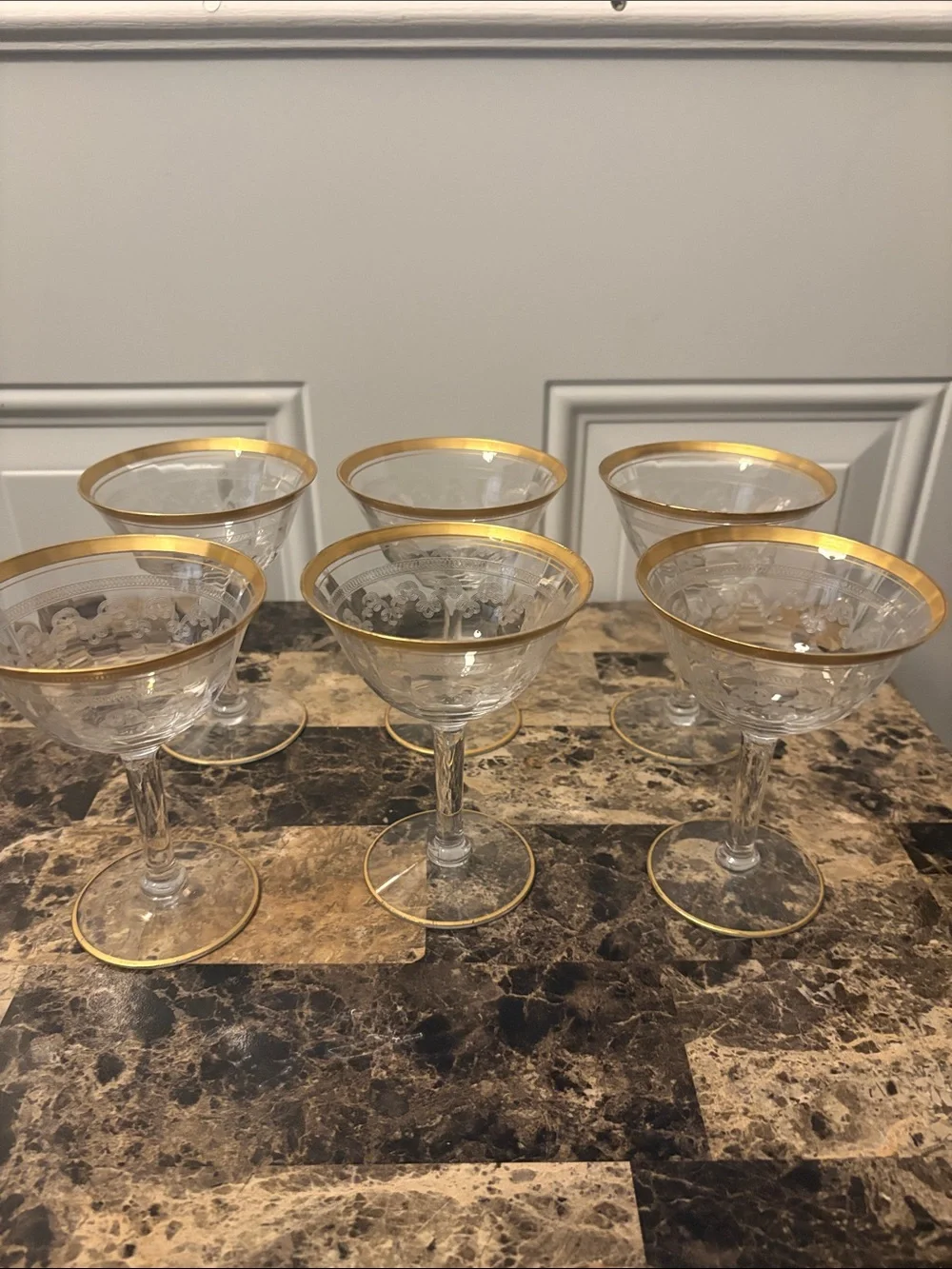 Vintage Gold-Rimmed Encrusted Etched Glass Coupe (Set of 6)